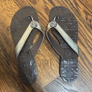 Tory Burch Metallic Silver and Dark Brown Sandals